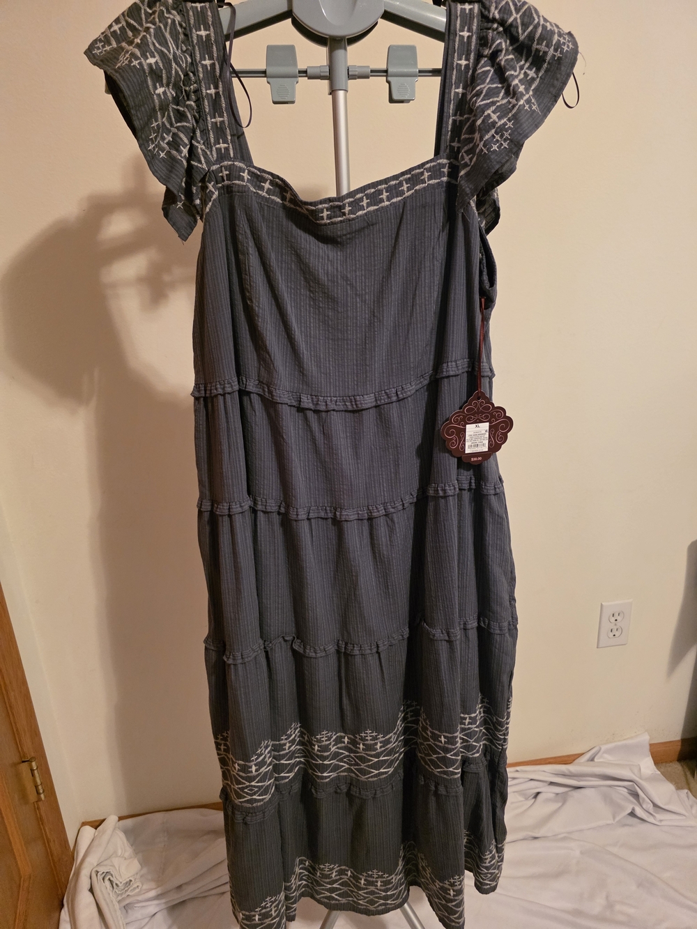 Knox Rose Gray Tiered Embroidered Maxi Dress